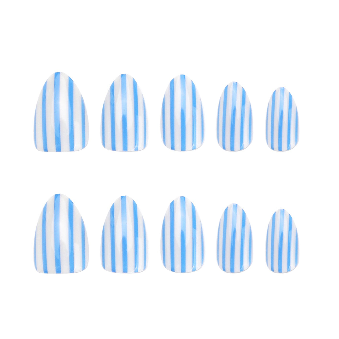 Handmade Blue & White Stripe Press On Nails | Coastal Almond Fake Nails Reusable Glossy Summer Nails
