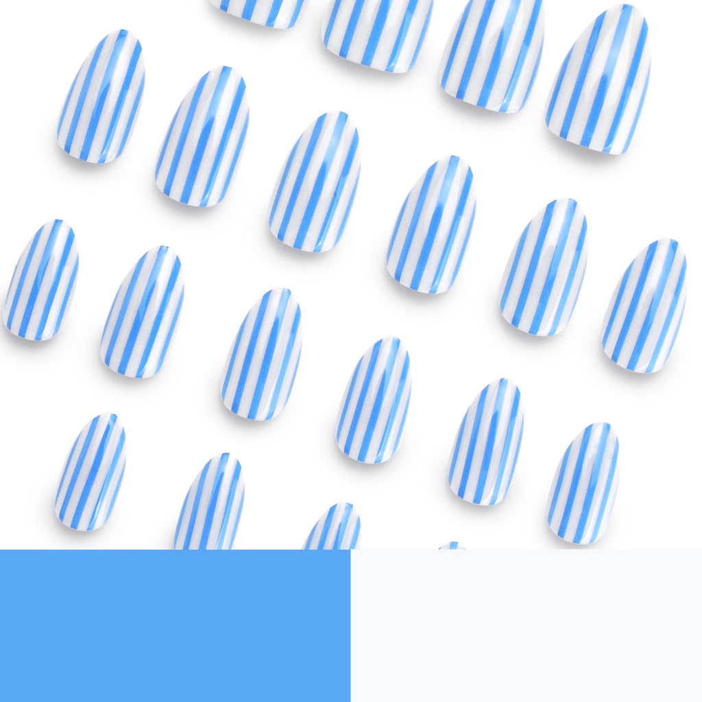 Handmade Blue & White Stripe Press On Nails | Coastal Almond Fake Nails Reusable Glossy Summer Nails