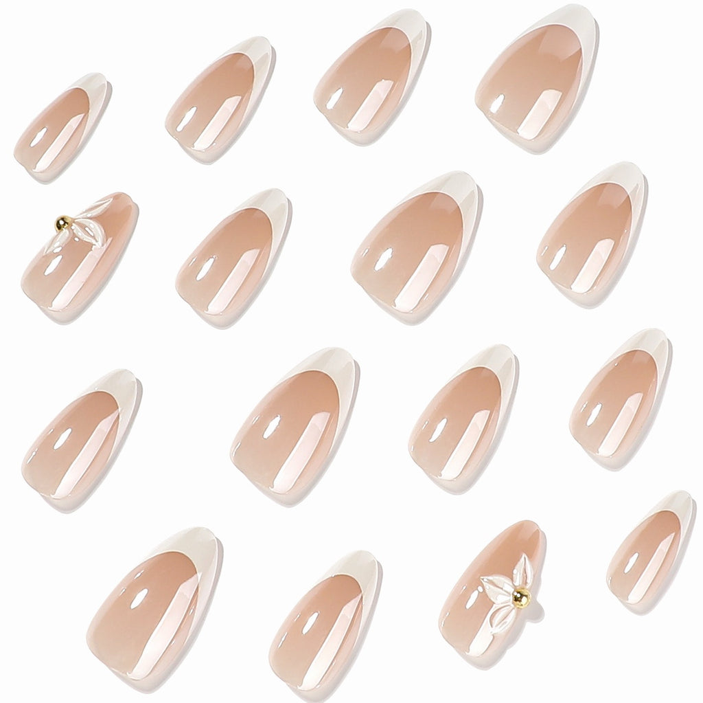Elegant Nude White French Tip Long Almond Press On Nails, 3D White Flower Gold Bead Glossy Minimalist False Nails, Reusable Wedding Bridal Stick On Nails