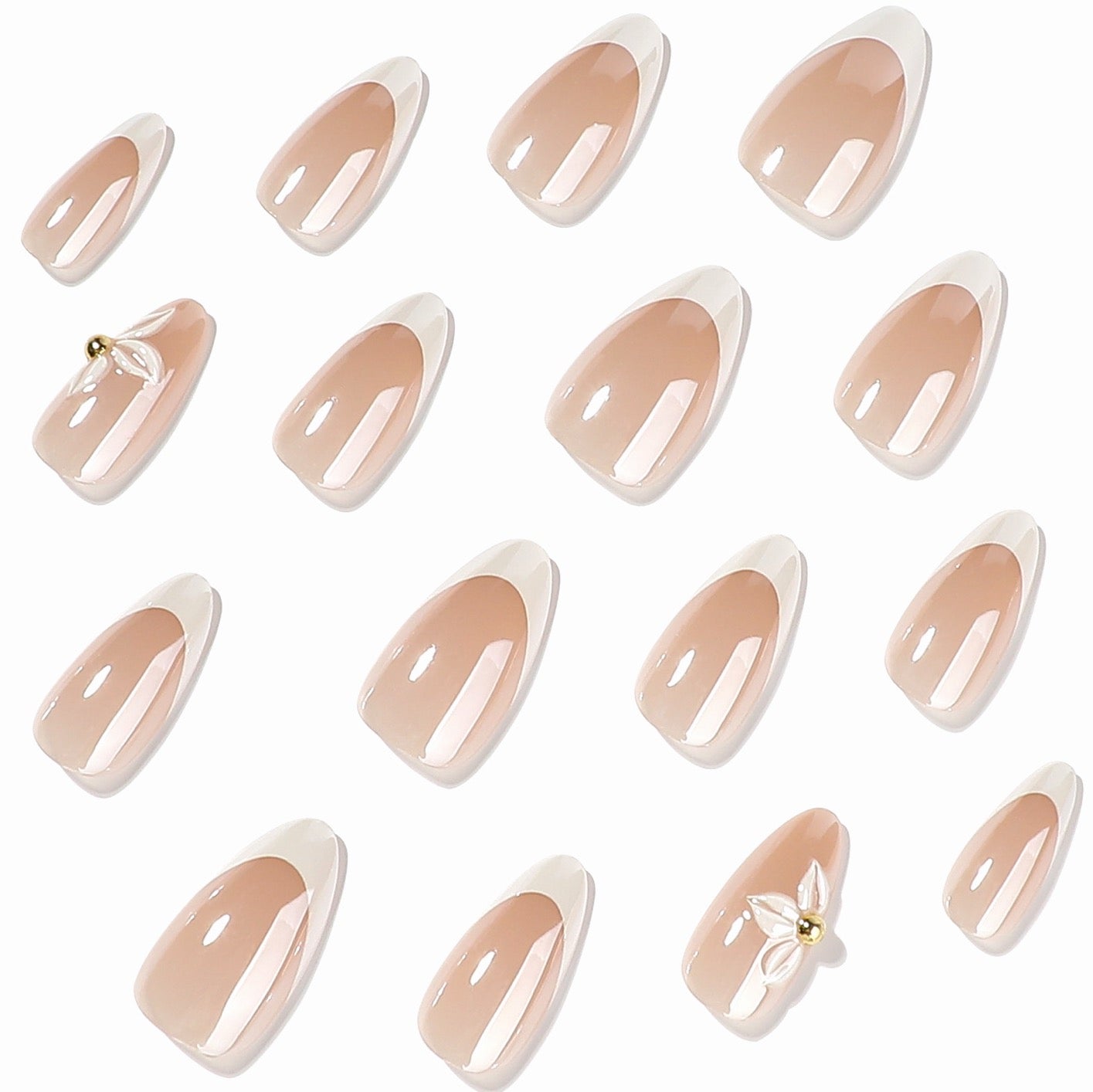 Elegant Nude White French Tip Long Almond Press On Nails, 3D White Flower Gold Bead Glossy Minimalist False Nails, Reusable Wedding Bridal Stick On Nails