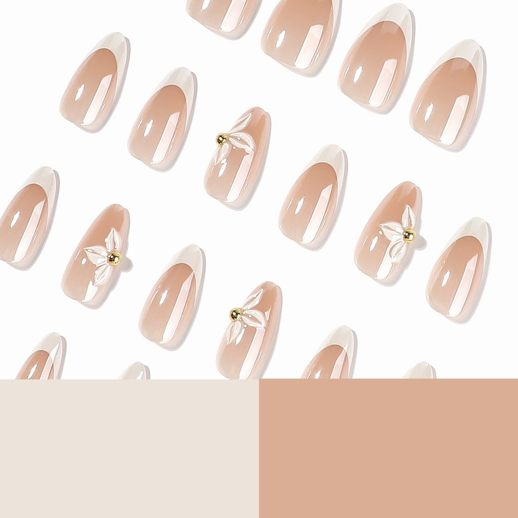 Elegant Nude White French Tip Long Almond Press On Nails, 3D White Flower Gold Bead Glossy Minimalist False Nails, Reusable Wedding Bridal Stick On Nails