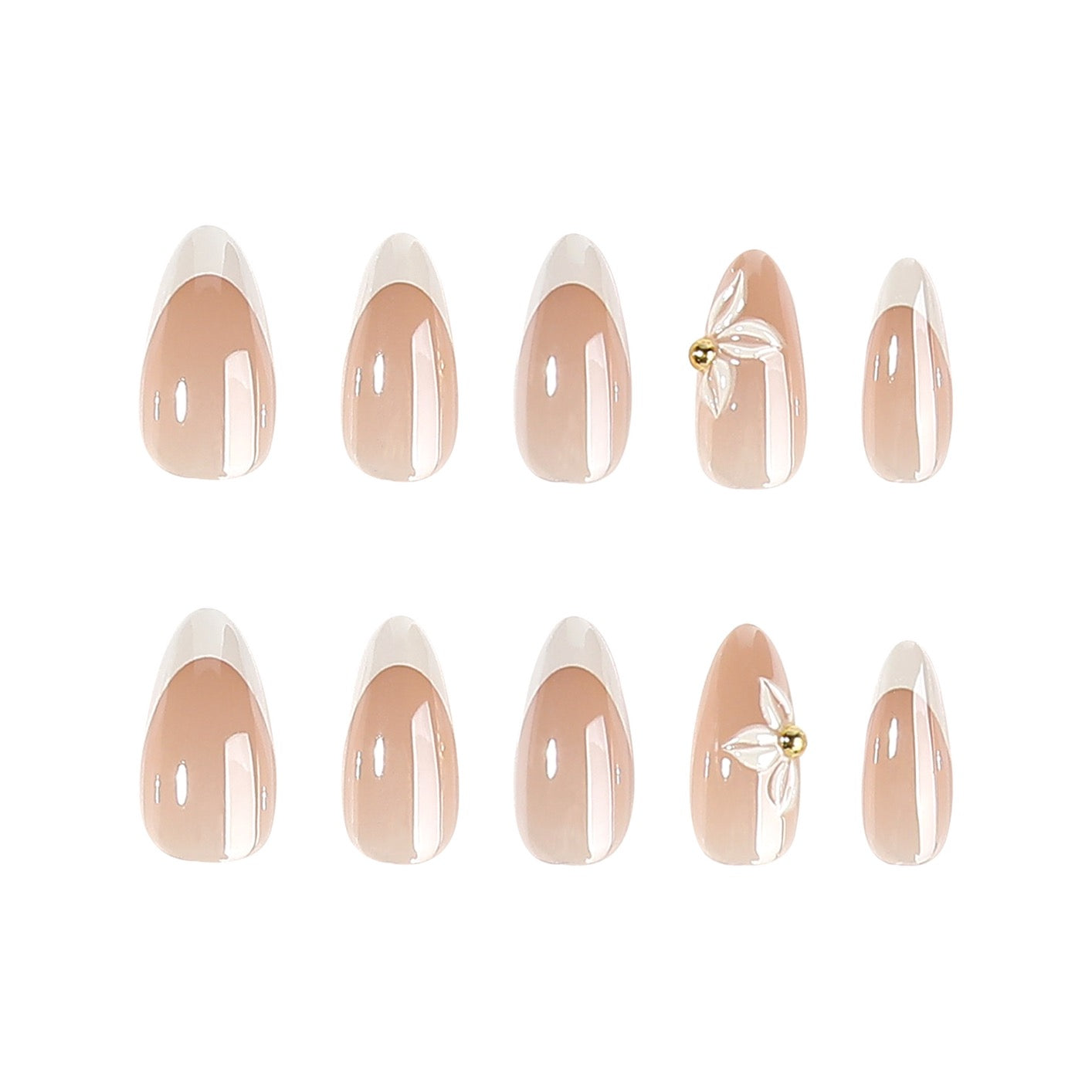 Elegant Nude White French Tip Long Almond Press On Nails, 3D White Flower Gold Bead Glossy Minimalist False Nails, Reusable Wedding Bridal Stick On Nails