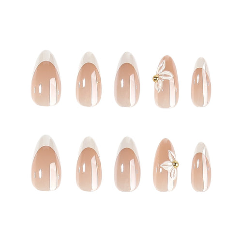 Elegant Nude White French Tip Long Almond Press On Nails, 3D White Flower Gold Bead Glossy Minimalist False Nails, Reusable Wedding Bridal Stick On Nails