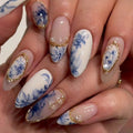 Chinese Porcelain Blue Floral Press On Nails – Elegant Gold Trim Almond Fake Nails, Luxury Handmade Nail Set