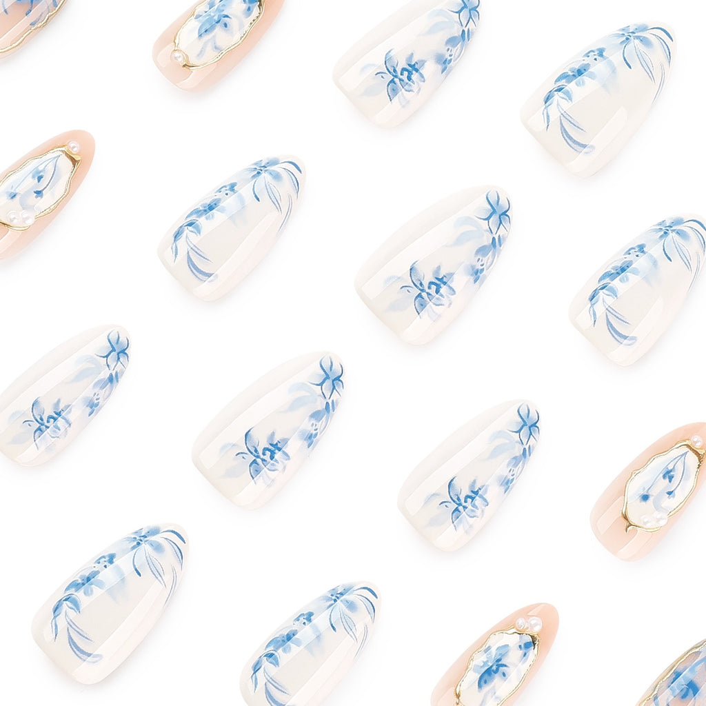 Chinese Porcelain Blue Floral Press On Nails – Elegant Gold Trim Almond Fake Nails, Luxury Handmade Nail Set