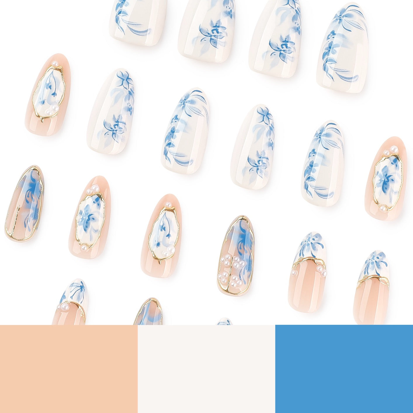 Chinese Porcelain Blue Floral Press On Nails – Elegant Gold Trim Almond Fake Nails, Luxury Handmade Nail Set