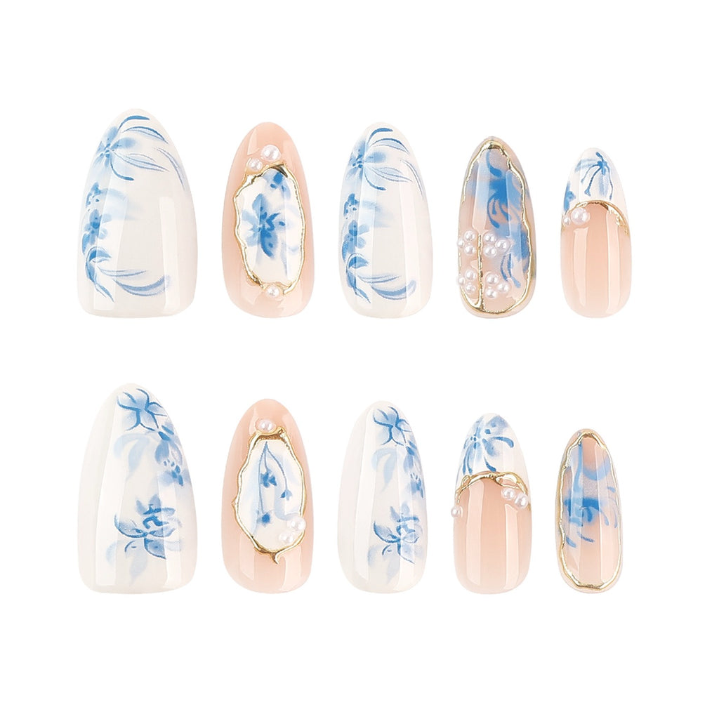 Chinese Porcelain Blue Floral Press On Nails – Elegant Gold Trim Almond Fake Nails, Luxury Handmade Nail Set