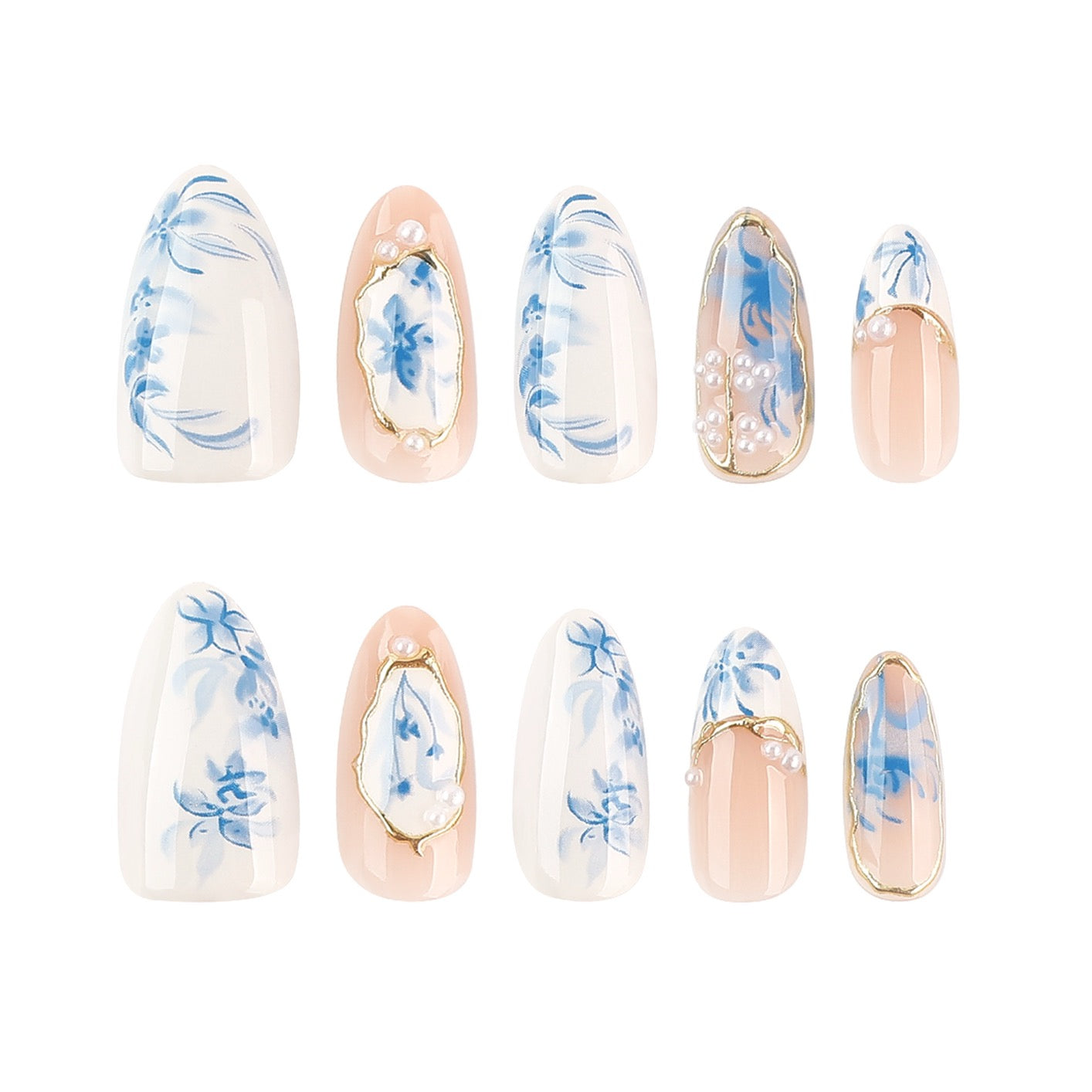 Chinese Porcelain Blue Floral Press On Nails – Elegant Gold Trim Almond Fake Nails, Luxury Handmade Nail Set