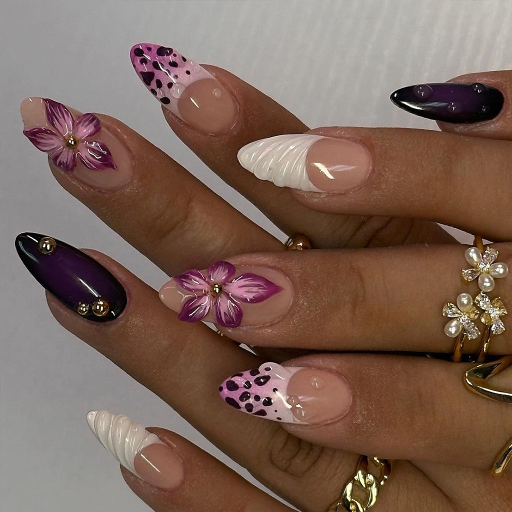 Luxury Purple Blossom 3D Press-On Nails | Handmade Almond Nails