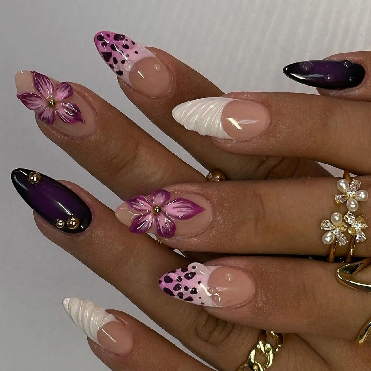 Luxury Purple Blossom 3D Press-On Nails | Handmade Almond Nails