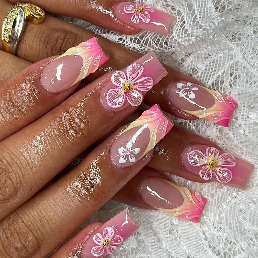 Cherry Blossom Bloom Press-On Nails | Handmade Pink Floral Luxury Nail Set