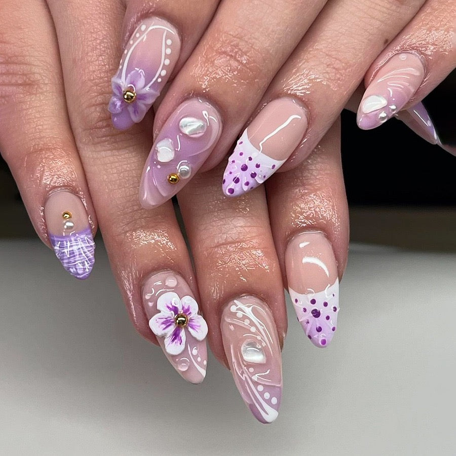 Lavender Pearl Blossom Press-On Nails | Handmade 3D Floral Luxury Nail Set