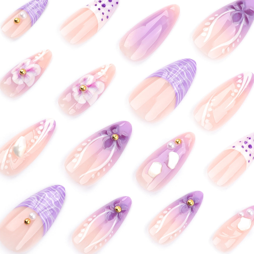 Lavender Pearl Blossom Press-On Nails | Handmade 3D Floral Luxury Nail Set