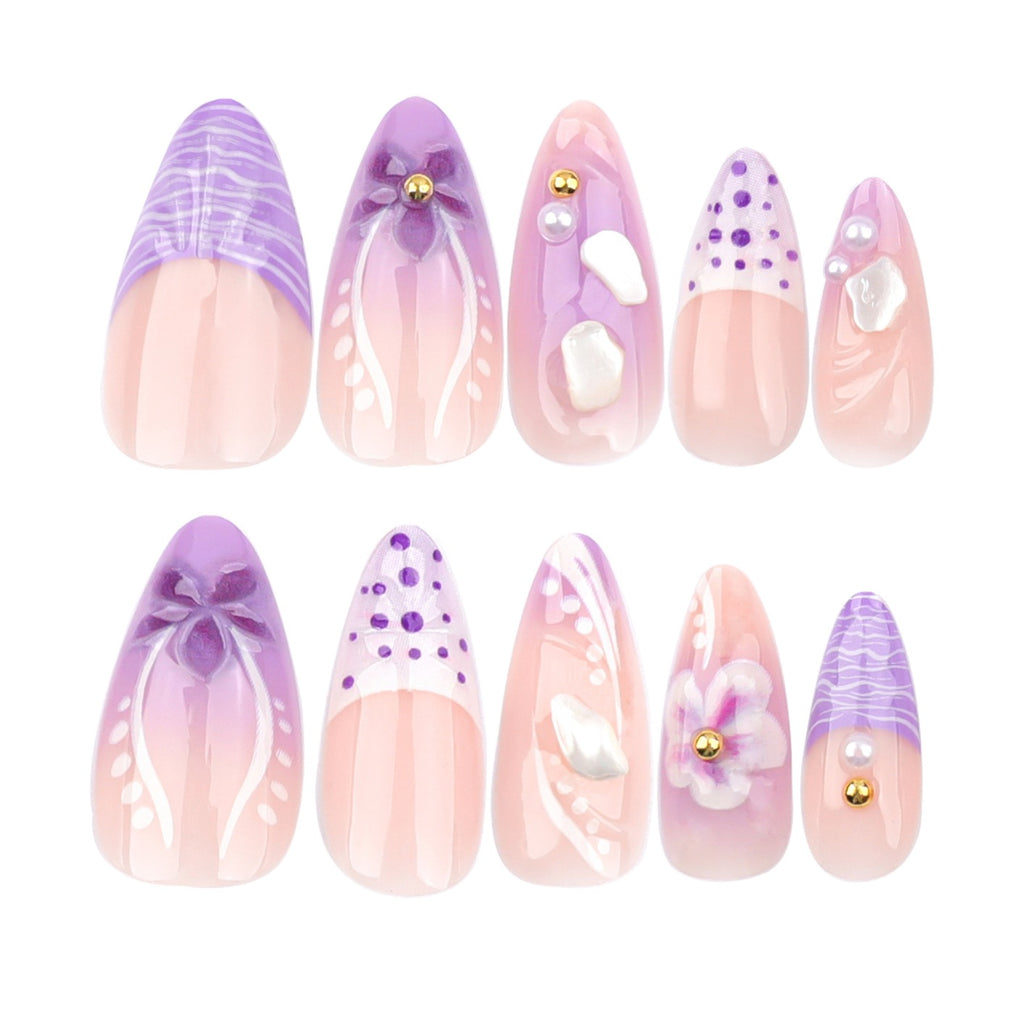 Lavender Pearl Blossom Press-On Nails | Handmade 3D Floral Luxury Nail Set