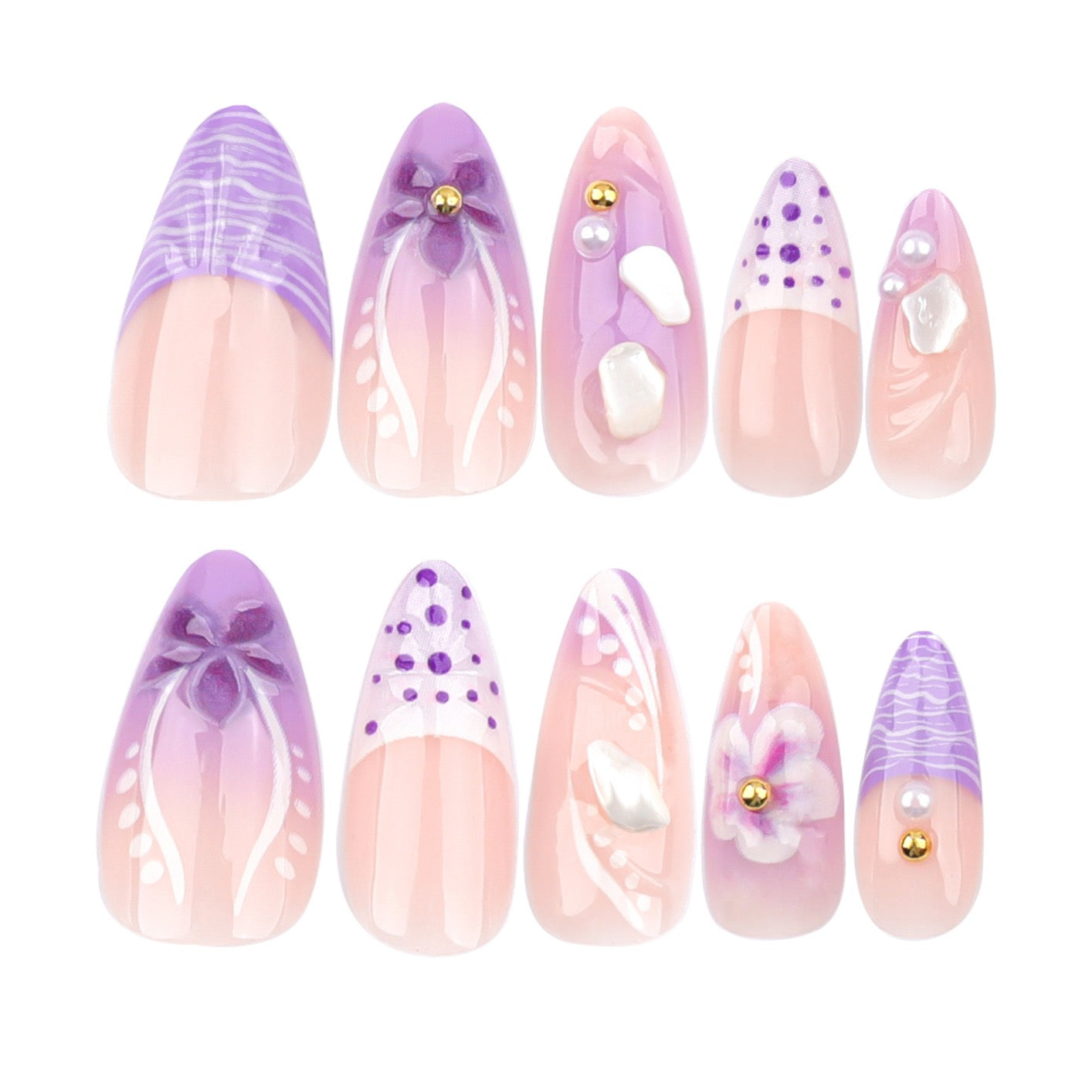 Lavender Pearl Blossom Press-On Nails | Handmade 3D Floral Luxury Nail Set