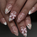 Coquette French Bow Press-On Nails | Handmade 3D Floral Pink Almond Nails | Reusable Luxury Press On Nail Set