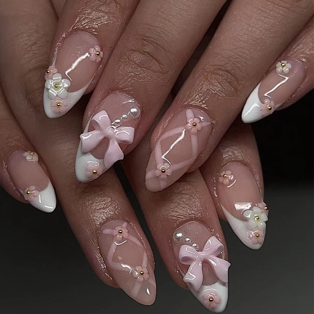 Coquette French Bow Press-On Nails | Handmade 3D Floral Pink Almond Nails | Reusable Luxury Press On Nail Set