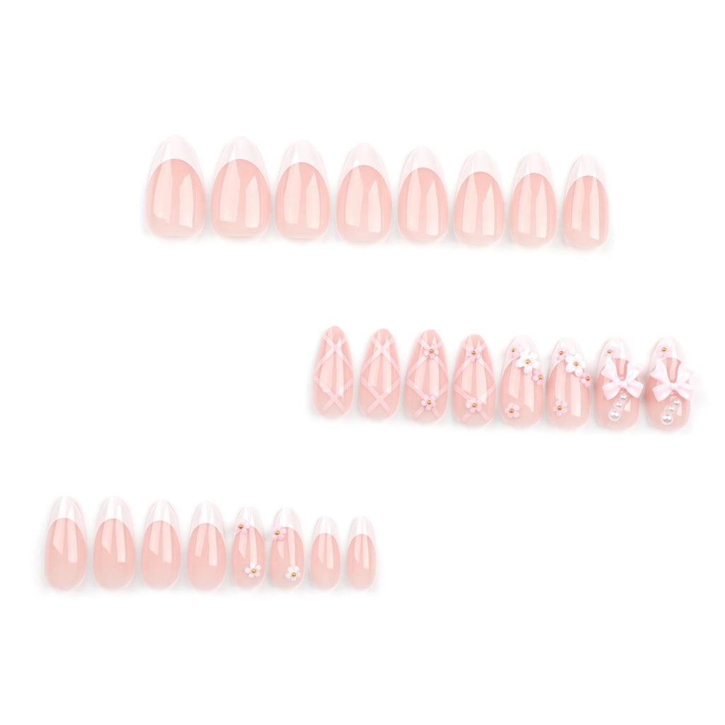 Coquette French Bow Press-On Nails | Handmade 3D Floral Pink Almond Nails | Reusable Luxury Press On Nail Set
