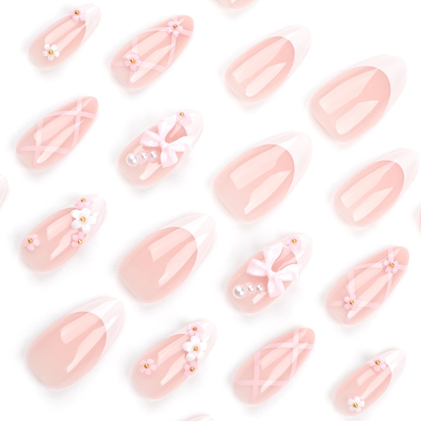 Coquette French Bow Press-On Nails | Handmade 3D Floral Pink Almond Nails | Reusable Luxury Press On Nail Set