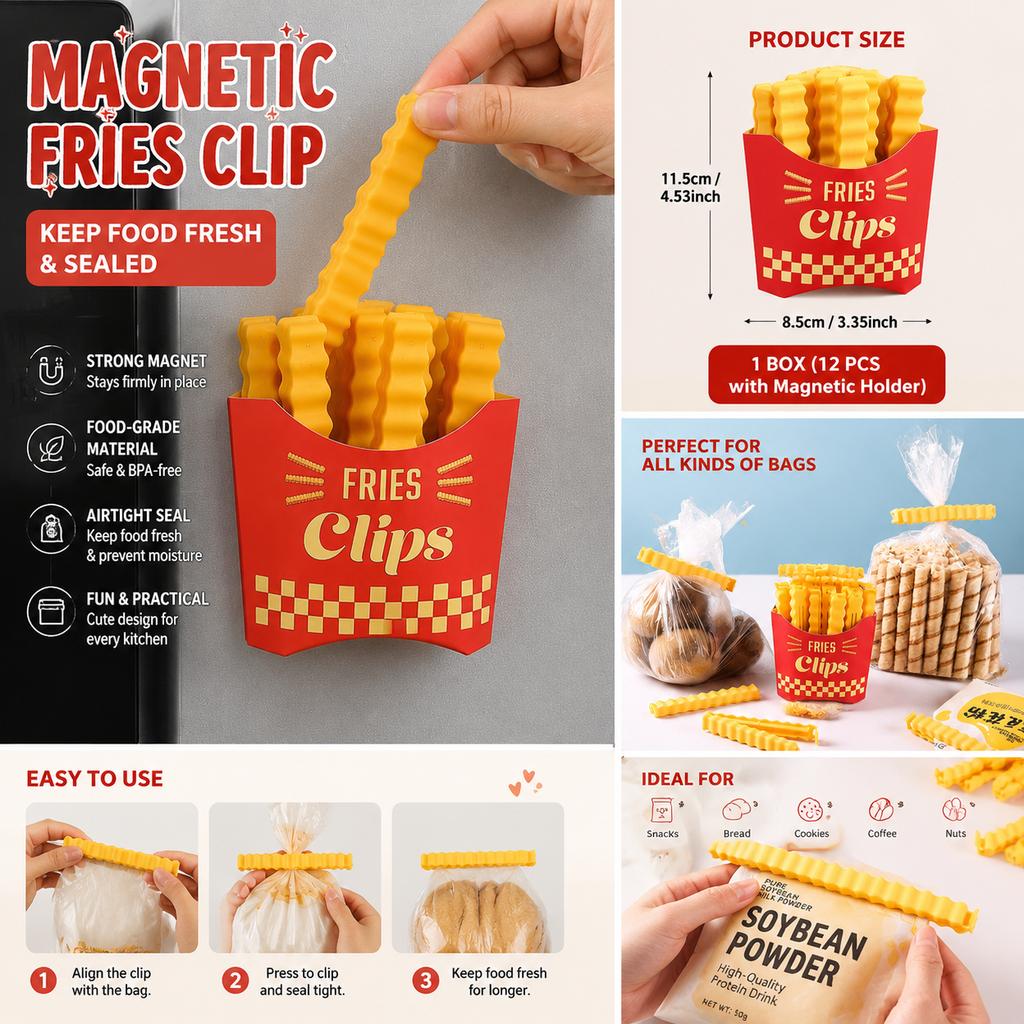 Magnetic Fries Bag Clips – Cute Food Sealing Clips, Airtight Snack Bag Clips with Strong Magnet for Kitchen Storage