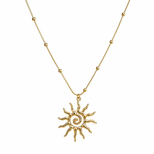 Gold Sun Pendant Necklace – Spiral Celestial Boho Chain Necklace