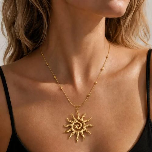 Gold Sun Pendant Necklace – Spiral Celestial Boho Chain Necklace