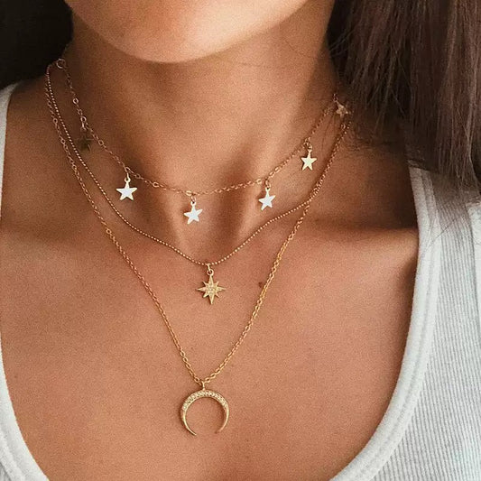 Layered Moon Star Gold Necklace, Dainty Celestial Multi‑Strand Pendant Jewelry for Women