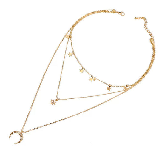 Layered Moon Star Gold Necklace, Dainty Celestial Multi‑Strand Pendant Jewelry for Women