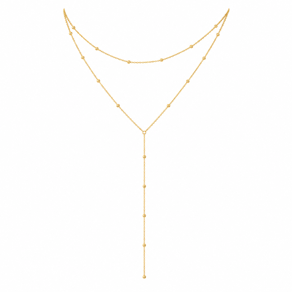 Gold Layered Y Necklace – Dainty Beaded Lariat Pendant Necklace