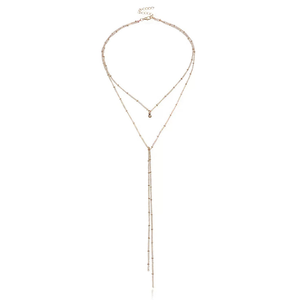 Layered Gold Y Lariat Necklace – Dainty Double Layer Choker & Long Pendant Necklace