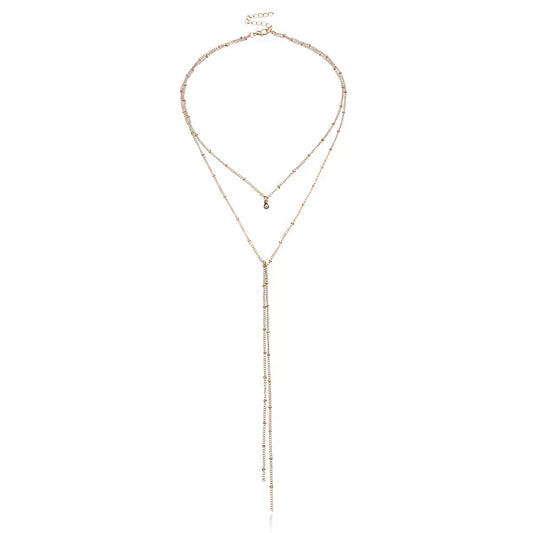 Layered Gold Y Lariat Necklace – Dainty Double Layer Choker & Long Pendant Necklace