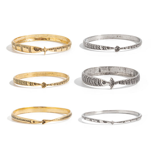 Vintage Fishbone Cuff Bracelet Set for Women | Gold & Silver Stackable Bangle Jewelry