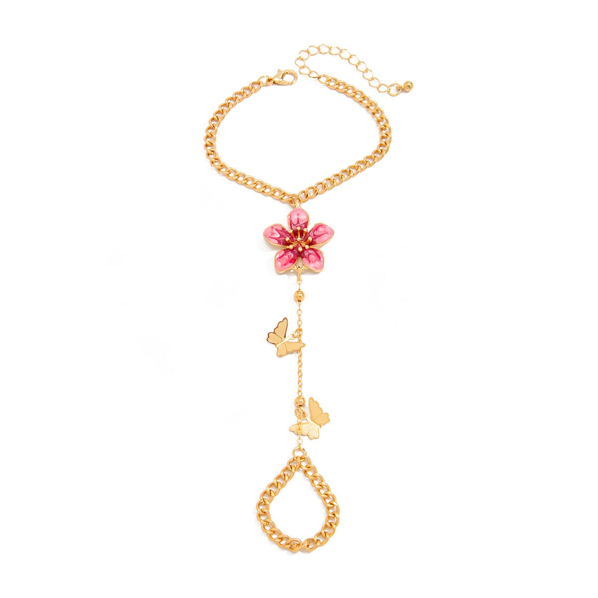 Pink Flower Butterfly Hand Chain Bracelet & Ring Set for Women | Gold One Piece Bracelet Ring Jewelry
