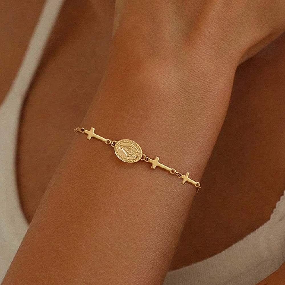 Gold Cross Charm Bracelet for Women – Minimalist Religious Layered Chain Bracelet, Dainty Faith Jewelry Gift