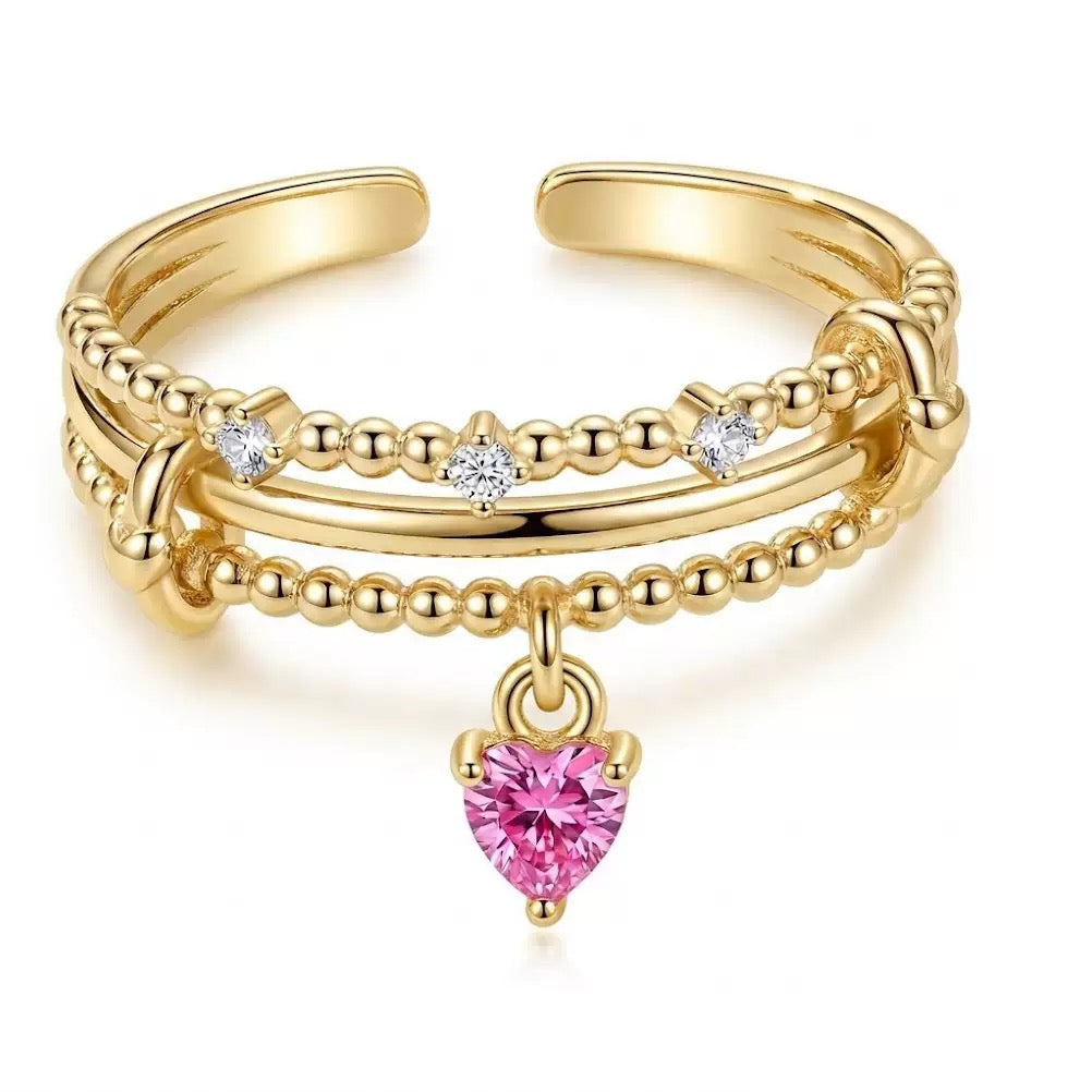 Gold Layered Stackable Ring with Pink Heart Charm & CZ Accents
