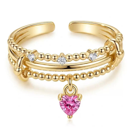 Gold Layered Stackable Ring with Pink Heart Charm & CZ Accents