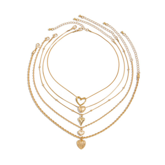 Gold Layered Heart Necklace Set – Multi-Layer Love Charm Chain