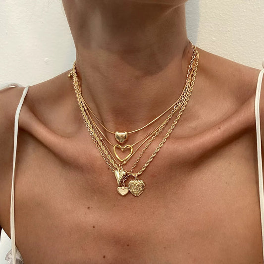 Gold Layered Heart Necklace Set – Multi-Layer Love Charm Chain